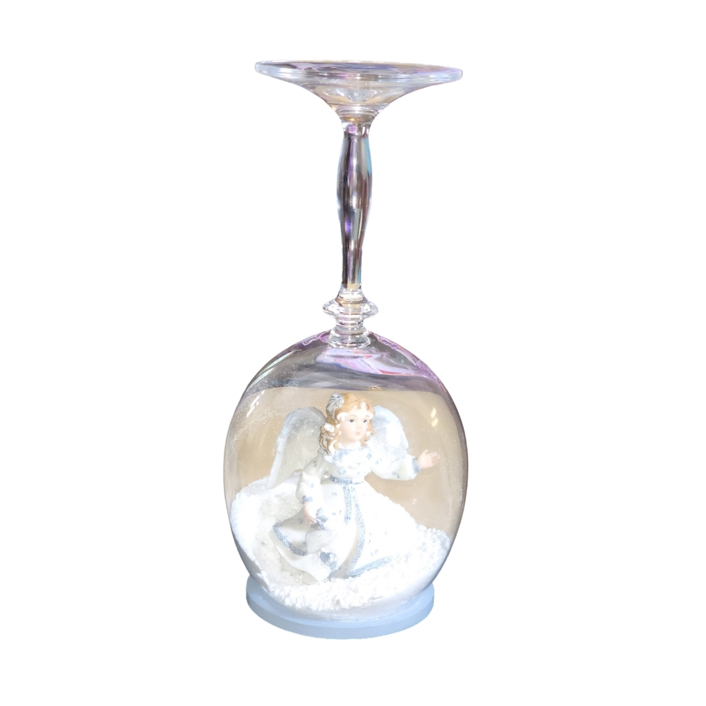 Handmade Crafted Blue & White Angel Stemmed Wine Glass Snow Globe Candle Holder‎